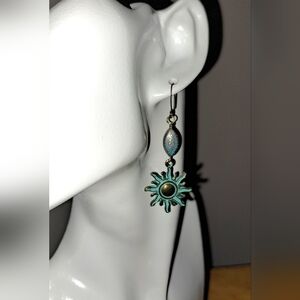 Handmade Boho Green Patina Bronze Sun Dangle Earrings